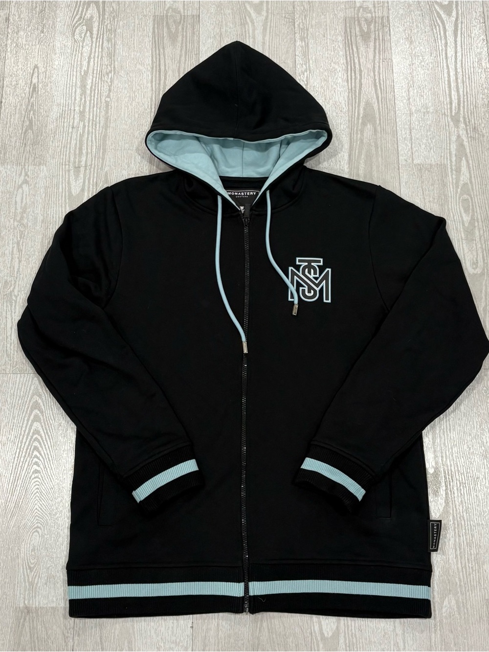 Monastery Couture Luxury Cotton Zip-Up Hoodie (Black & Light Blue) SIZE L